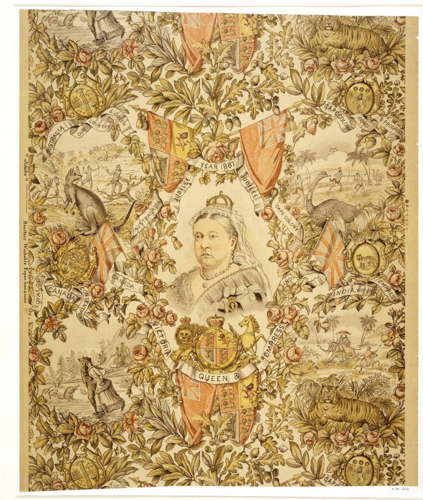 Ornate wallpaper featuring Queen Victoria in the centre, surrounded by images of animals in colonial settings.  